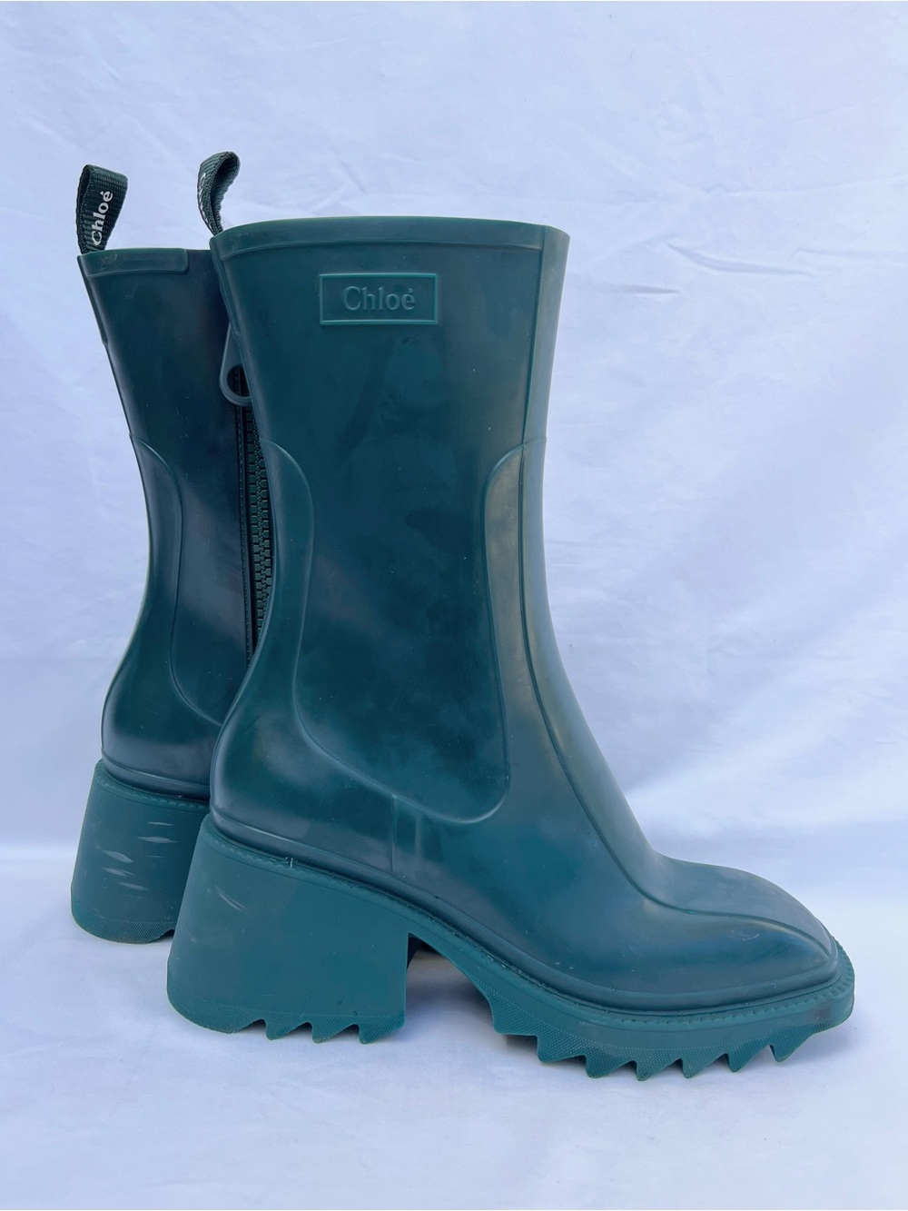 Chloe Betty Dark Emerald Green Rubber Heel Rain Boots Women’s Size 39 US 8 - Picture 7 of 15